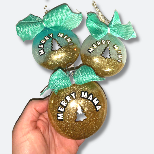 Merry Mama/Mini/Dada | Personalized Glitterized Ornaments