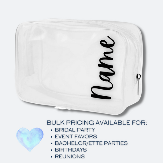 Personalized Clear Plastic Travel Pouch | Party Favors | Name or Bridal Party Title