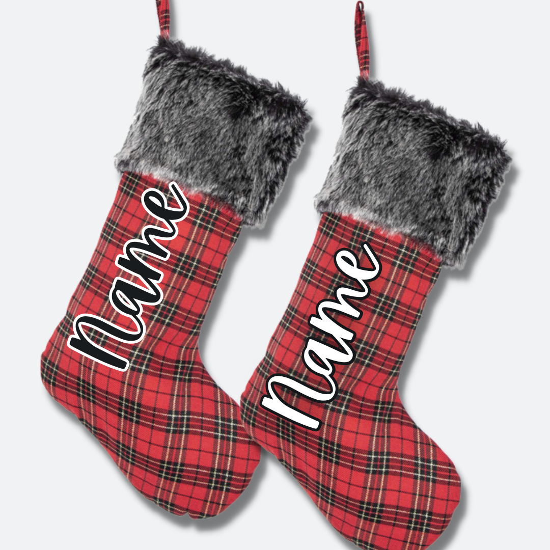 Red Plaid with Faux Fur | Personalized Holiday Stocking